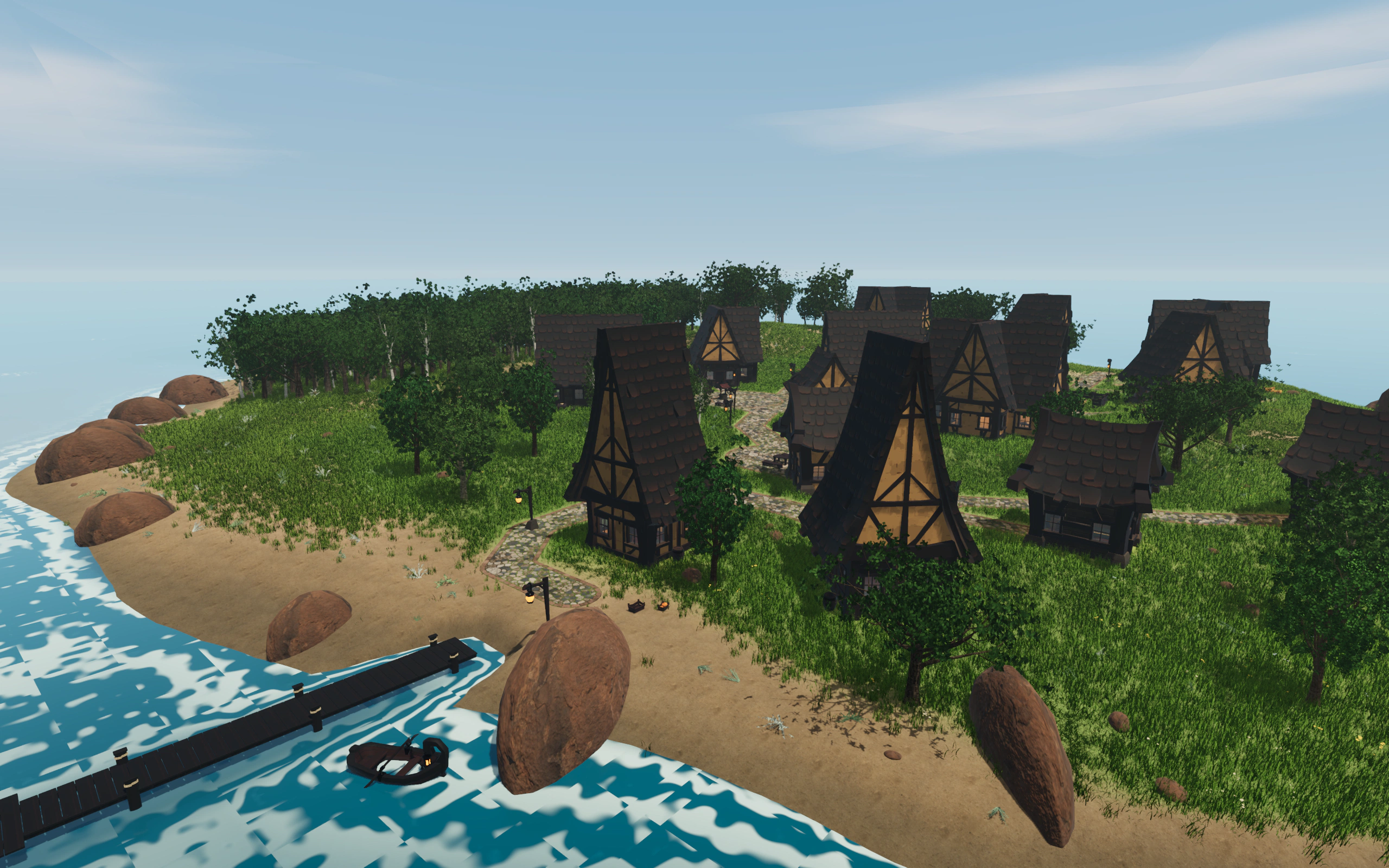Bellacosta’s wooden pier and a small boat beside the sandy shore, with the village behind them