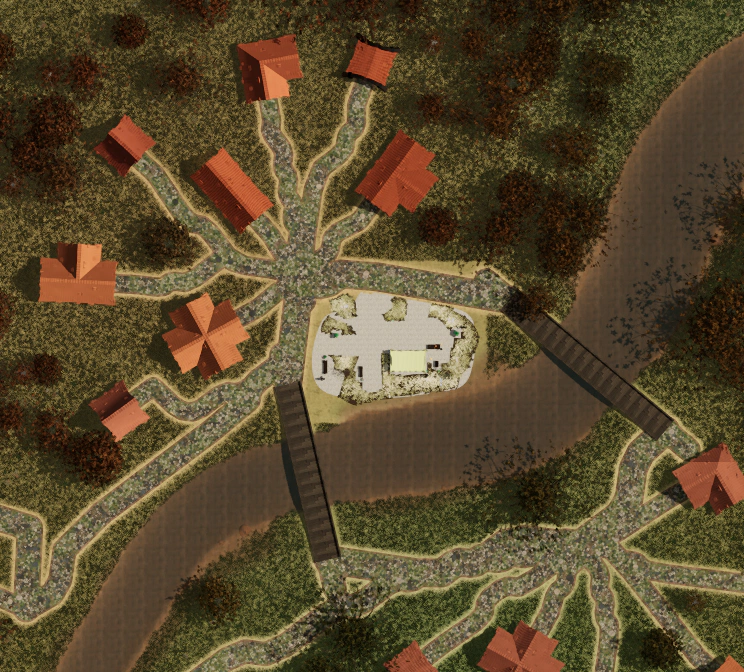 A north-up top-down view of Pietraluce and its surroundings