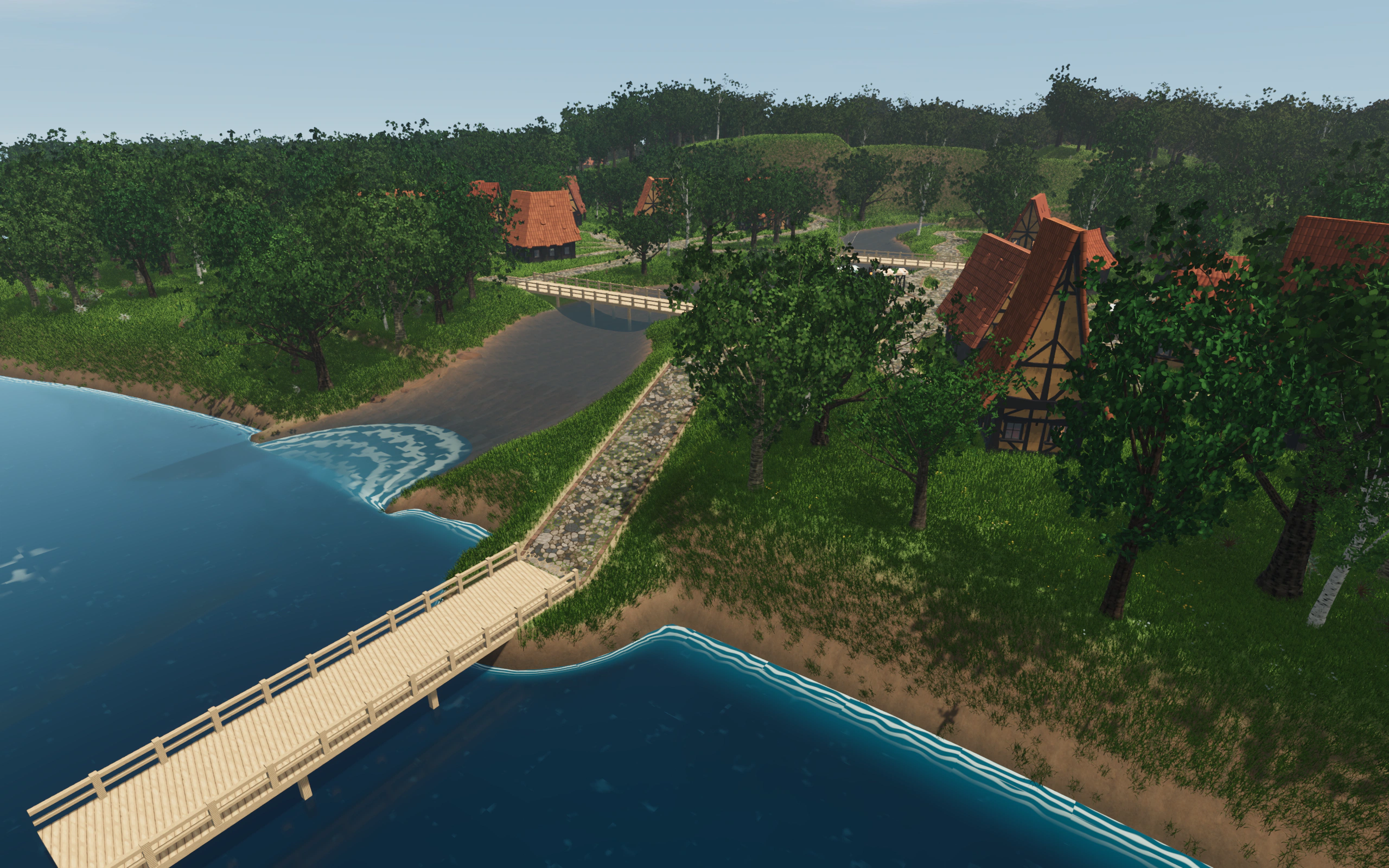 A long wooden pier leading to Portovela, with riverside paths, bridges and houses among trees