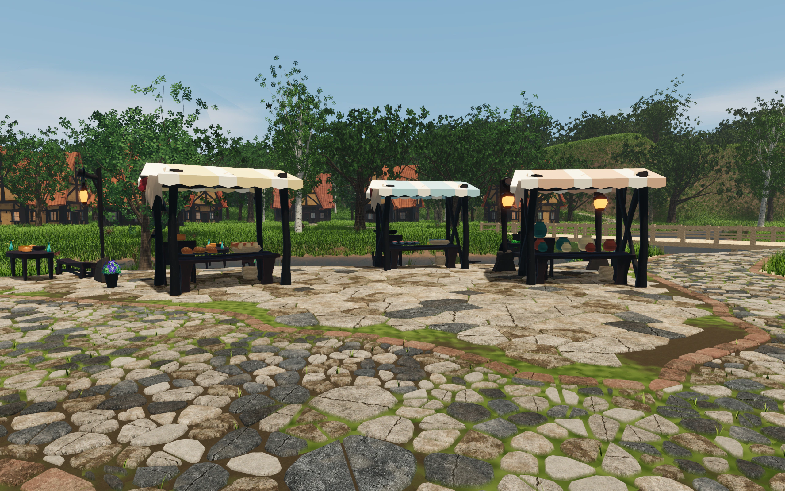 Covered stalls displaying food and pottery on Portovela’s stone-paved market square