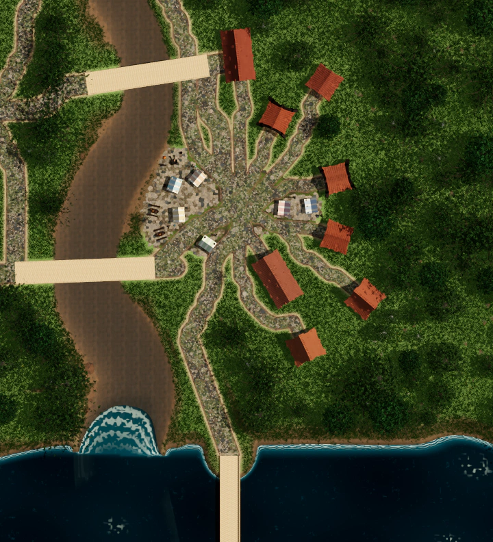 A north-up top-down view of Portovela and its surroundings