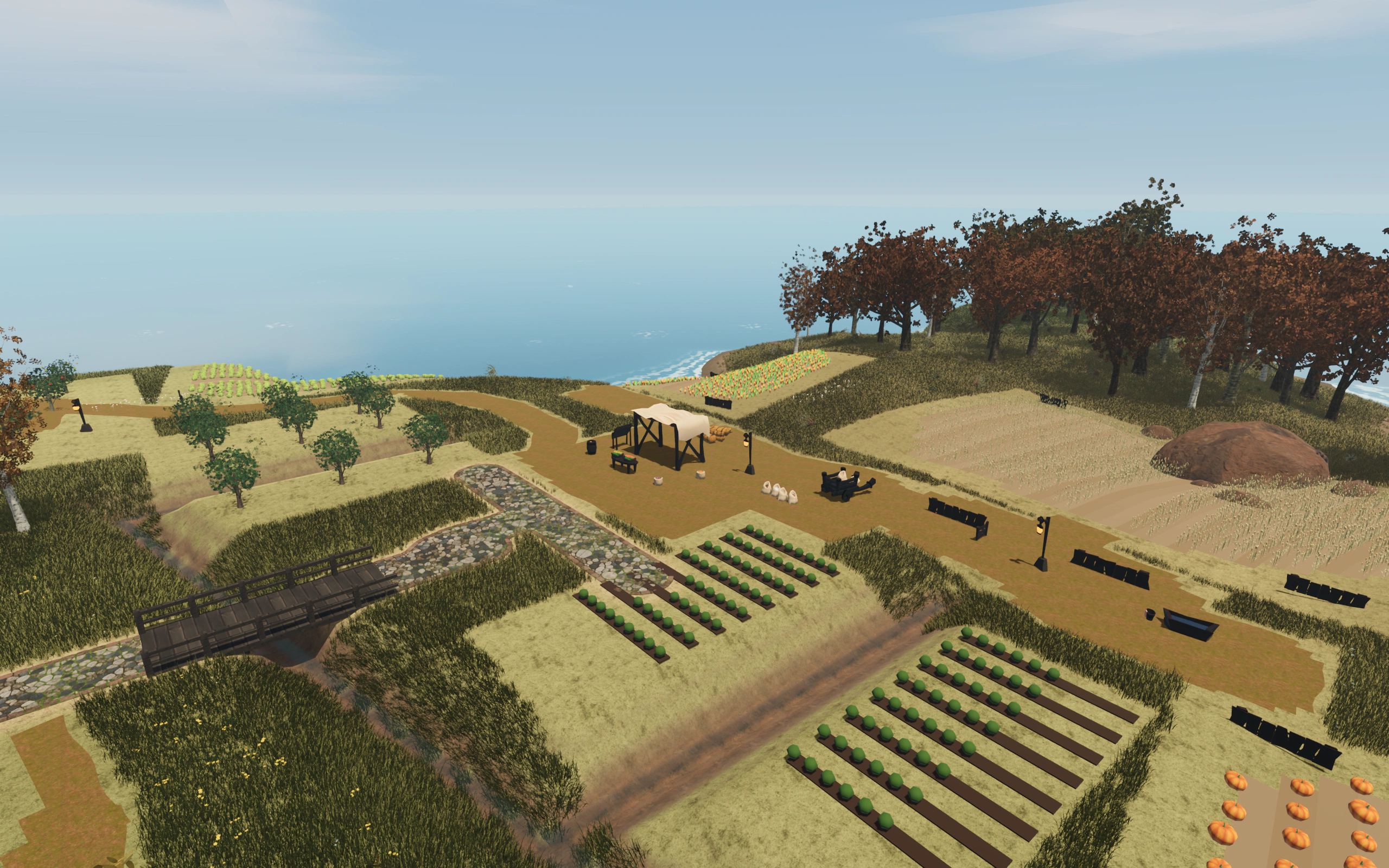 Rows of vegetables, irrigation channels and a wooden footbridge near Rivafonte’s coast